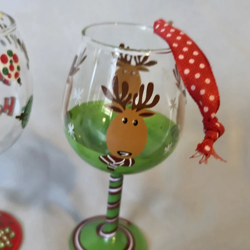 Lolita Happy Holidays Mini Wine Glass Ornament Set Reindeer Christmas Lot of 2